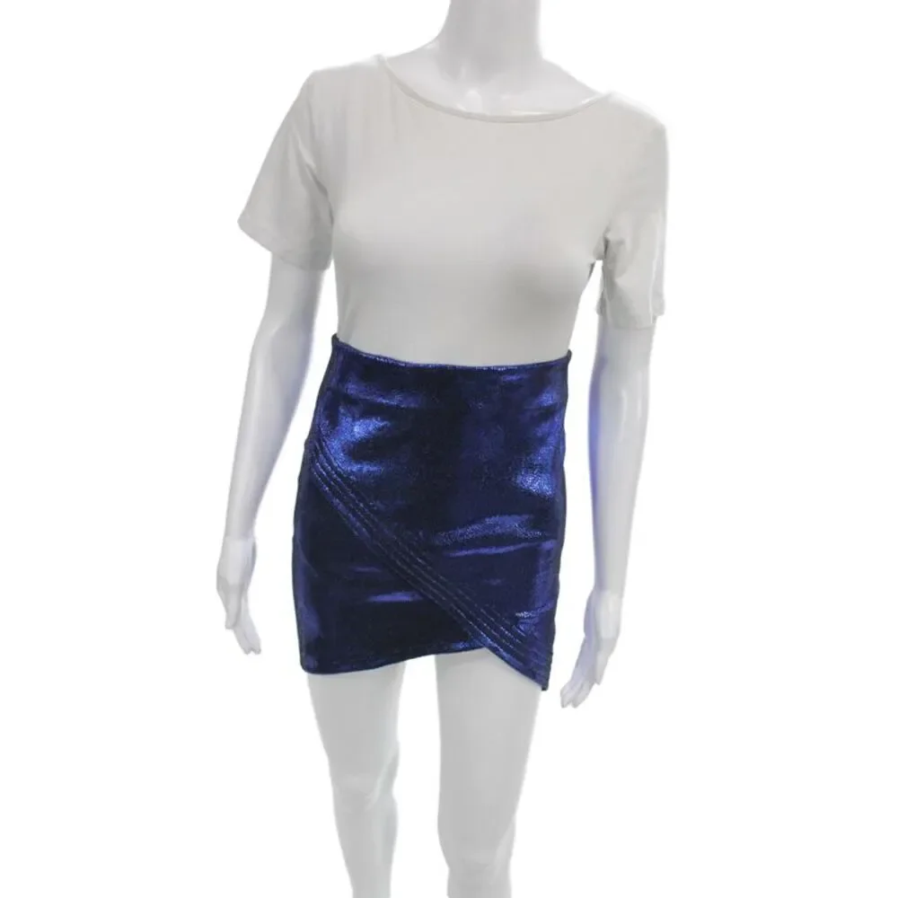 R+A Womens Mini Pencil Skirt Blue Stretch Lambskin Leather Size 4